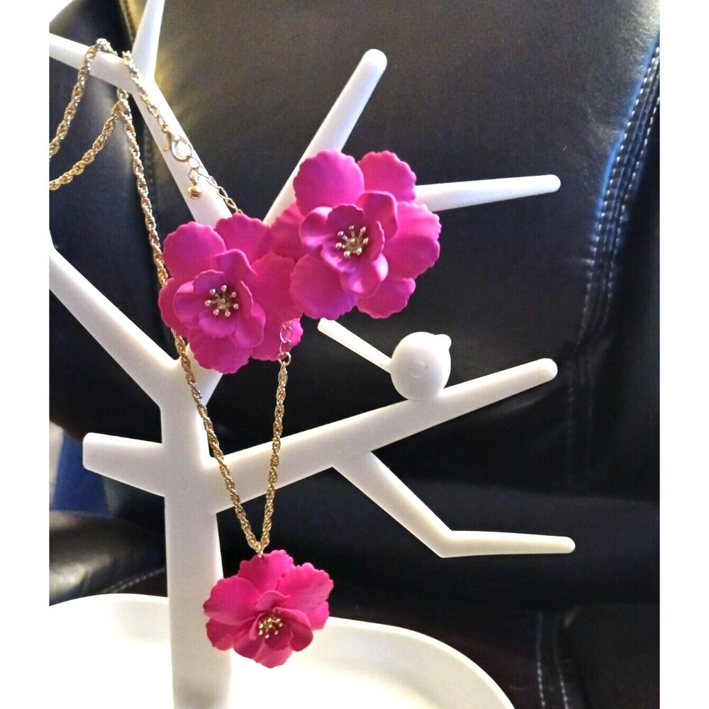 3 pc Bright Firm Pink Flower Earrings NECKLACE Jewelry Set - Picture 3 of 7